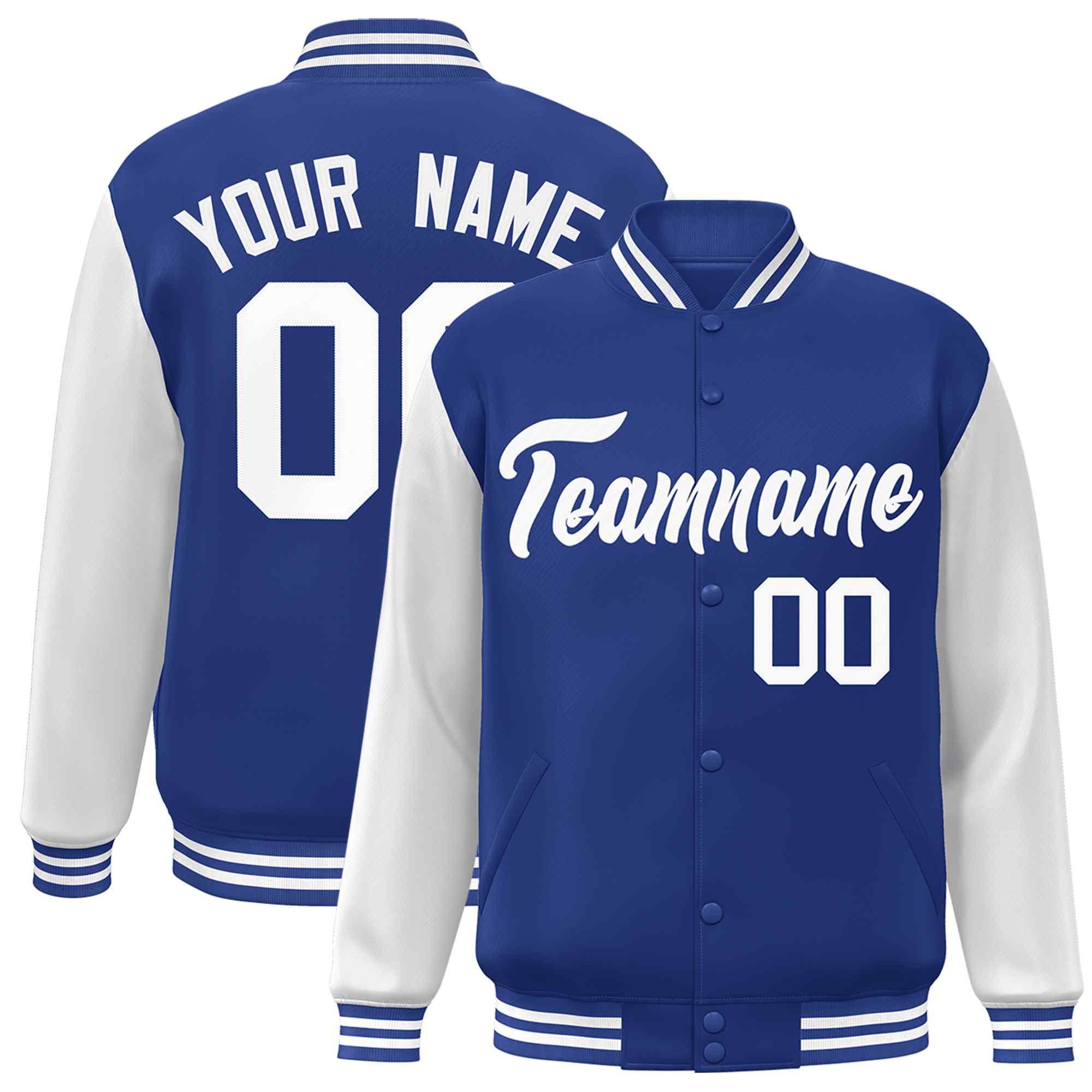 Custom Royal White Raglan Sleeves Varsity Full-Snap Letterman Jacket