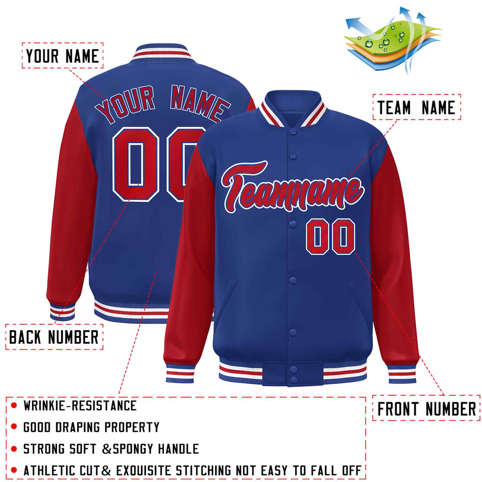 Veste Letterman Varsity Full-Snap Custom Royal Red-Royal Raglan Sleeves