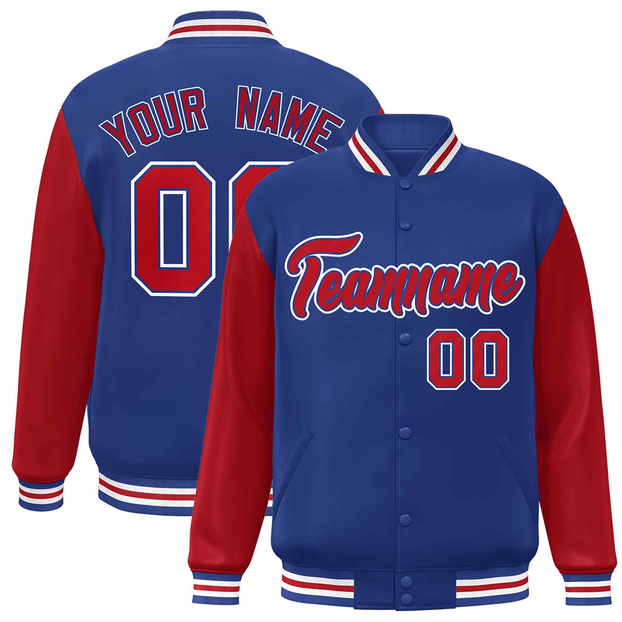 Veste Letterman Varsity Full-Snap Custom Royal Red-Royal Raglan Sleeves