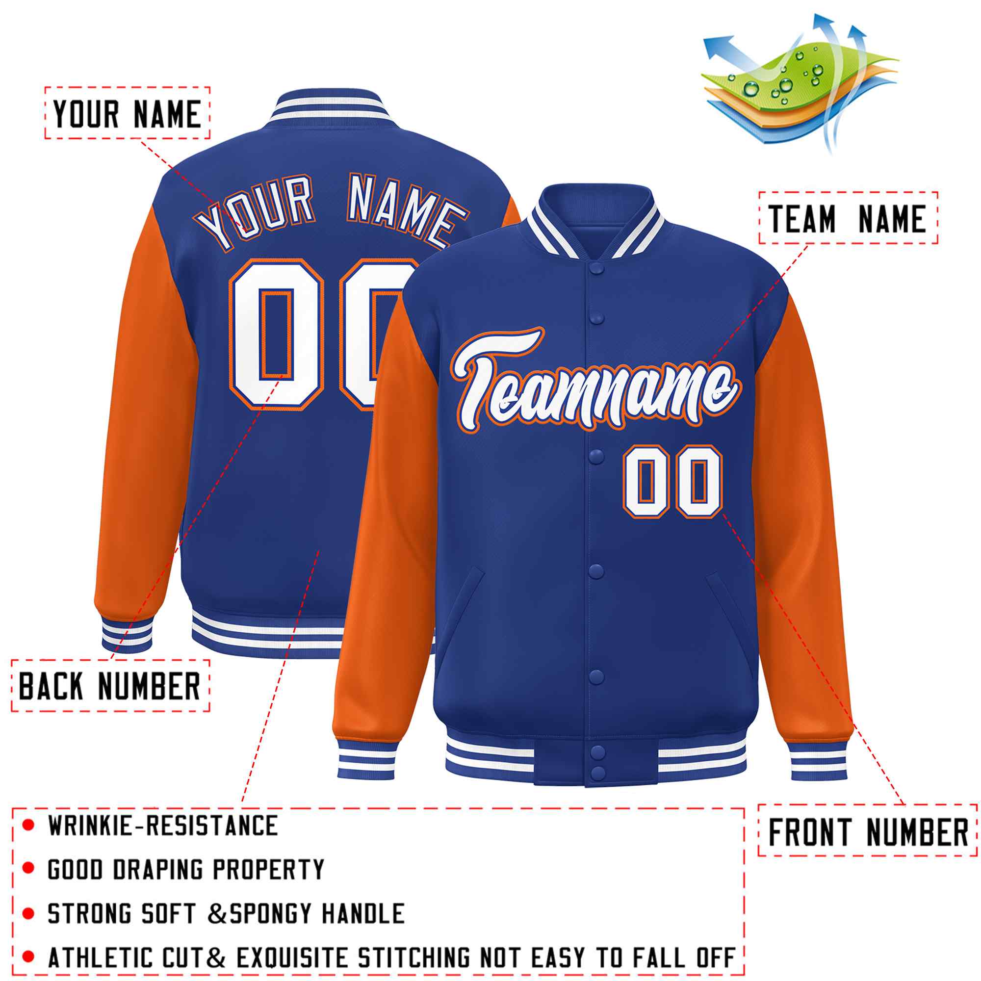 Custom Royal White-Royal Raglan Sleeves Varsity Full-Snap Letterman Jacket