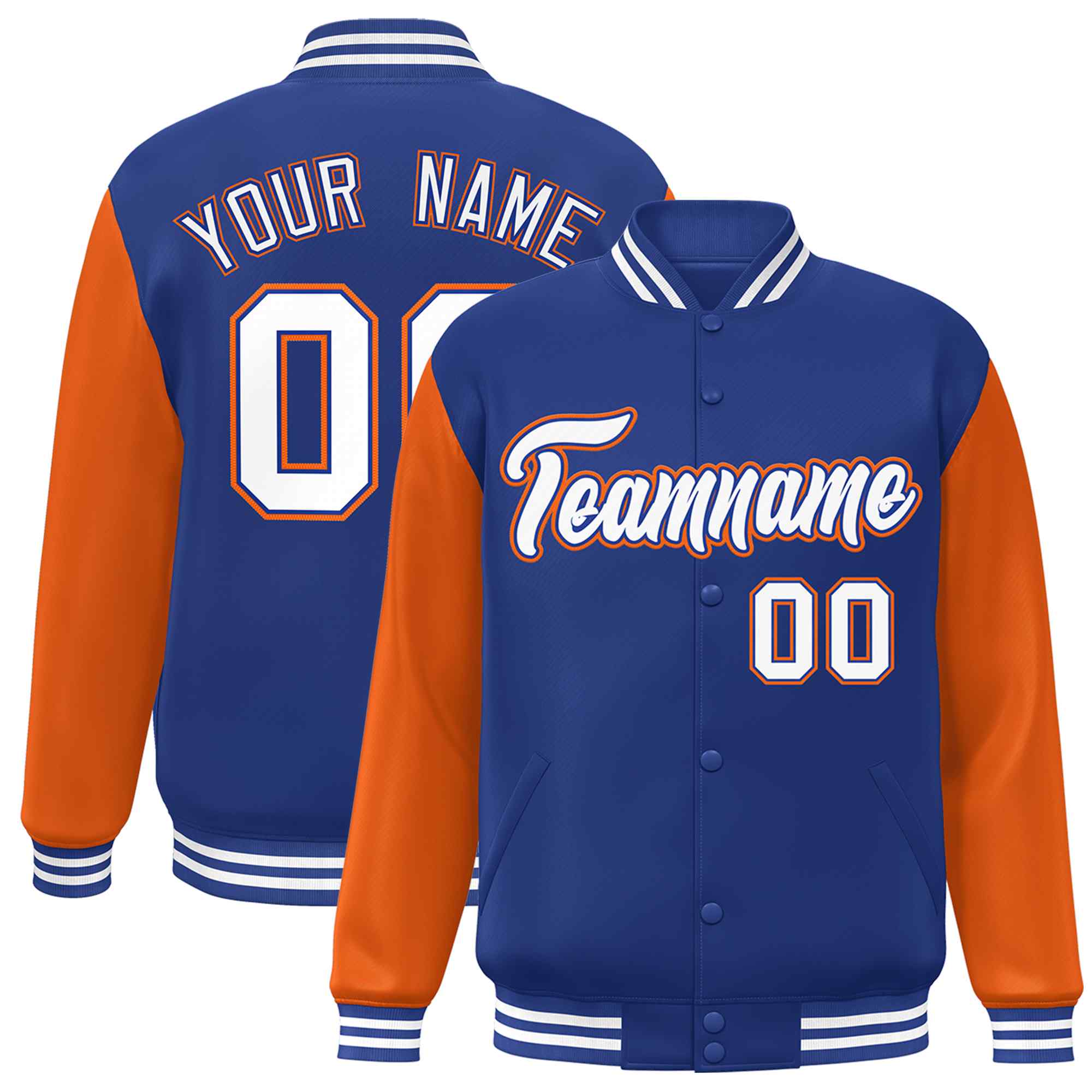 Custom Royal White-Royal Raglan Sleeves Varsity Full-Snap Letterman Jacket