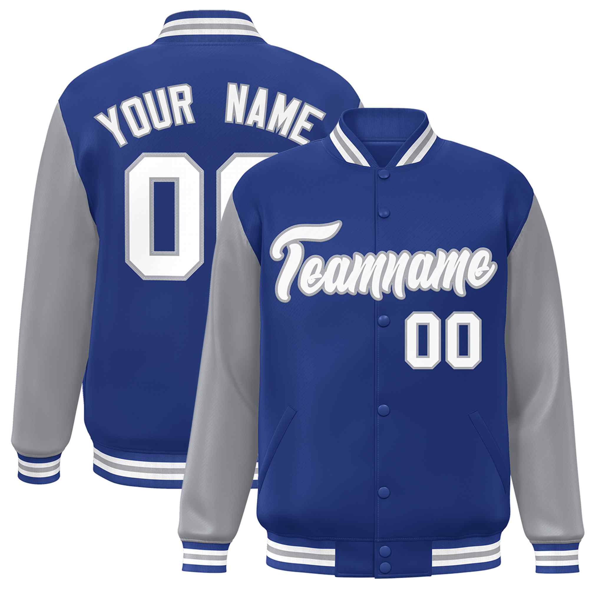 Custom Royal White-Gray Raglan Sleeves Varsity Full-Snap Letterman Jacket