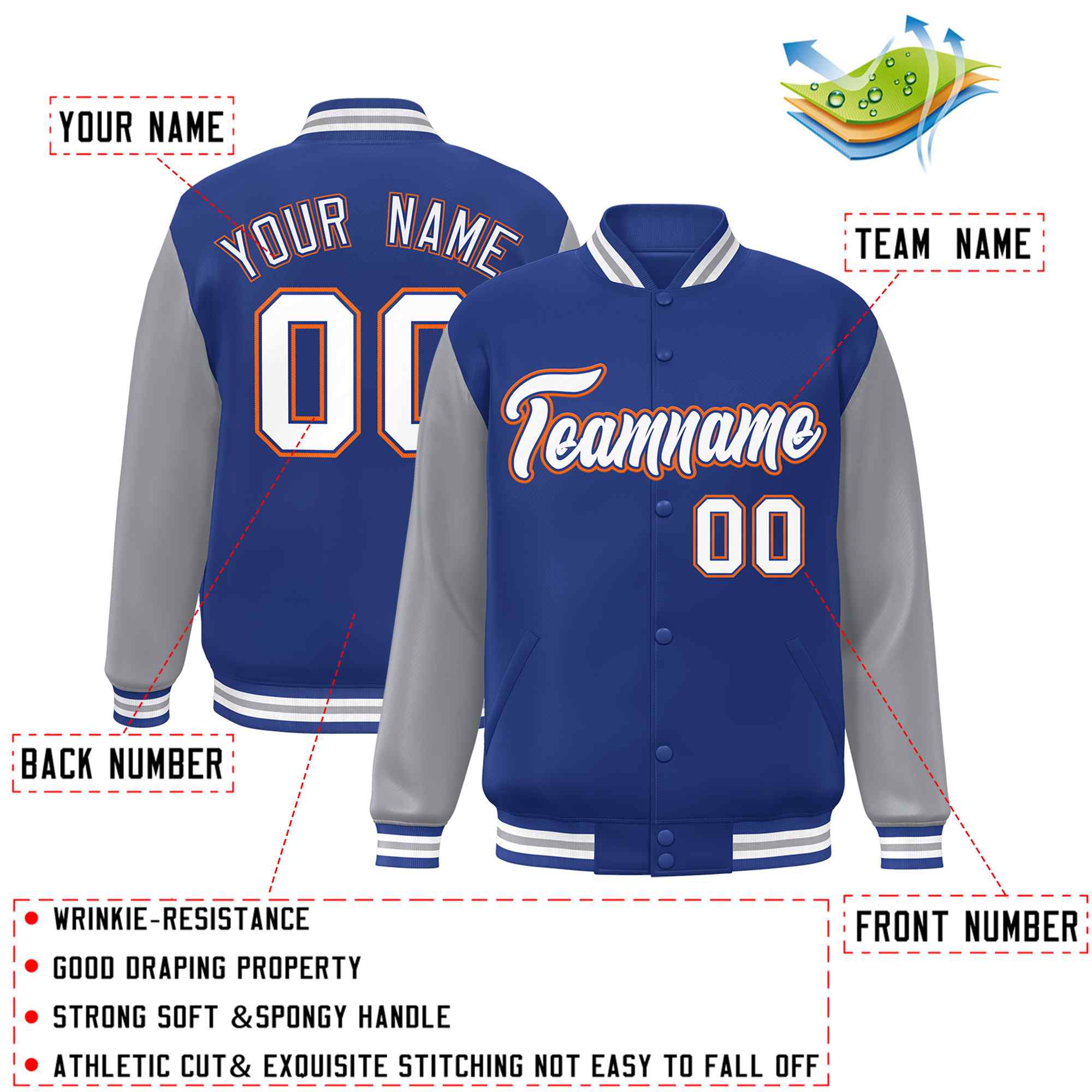 Veste Letterman Varsity Full-Snap Custom Royal White-Royal Raglan Sleeves