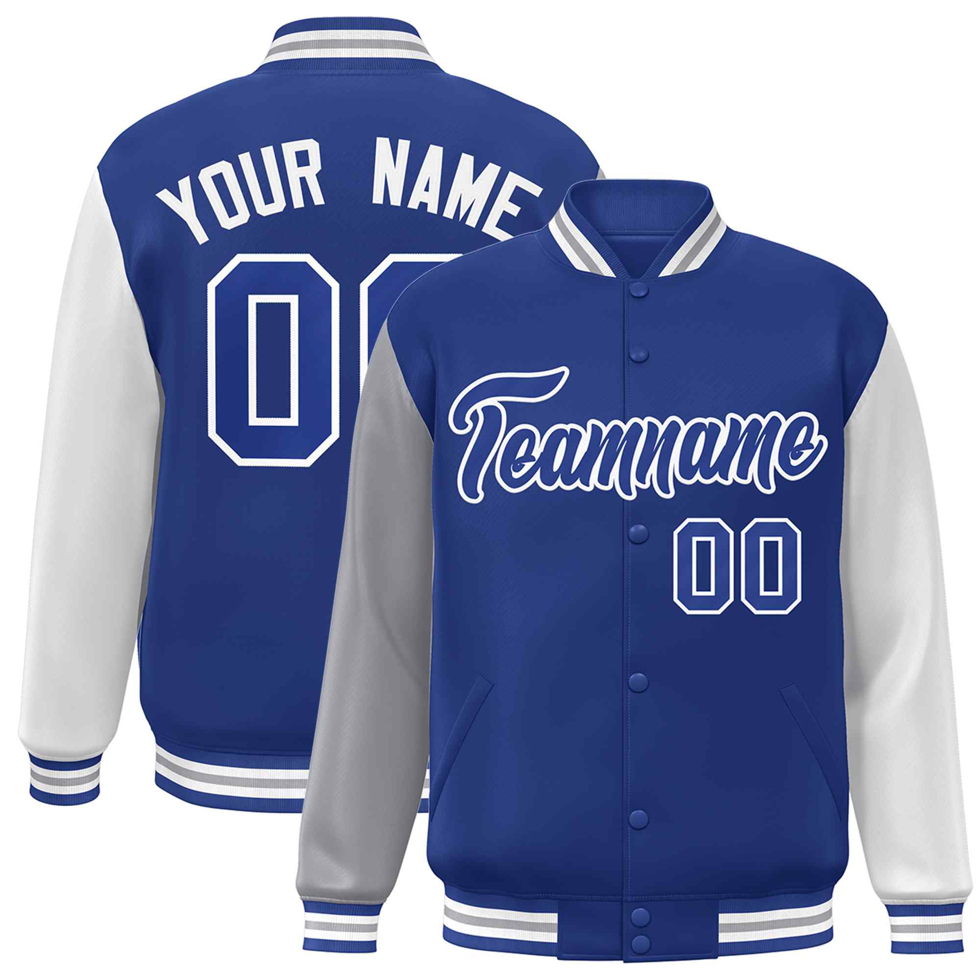 Custom Royal Royal-White Raglan Sleeves Varsity Full-Snap Letterman Jacket