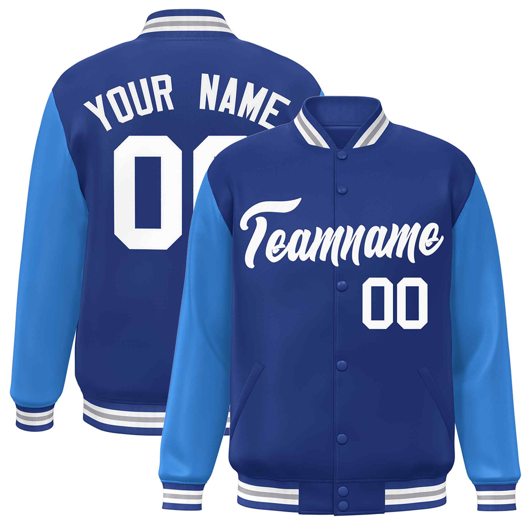 Veste Letterman Varsity Full-Snap à manches raglan blanches royales personnalisées