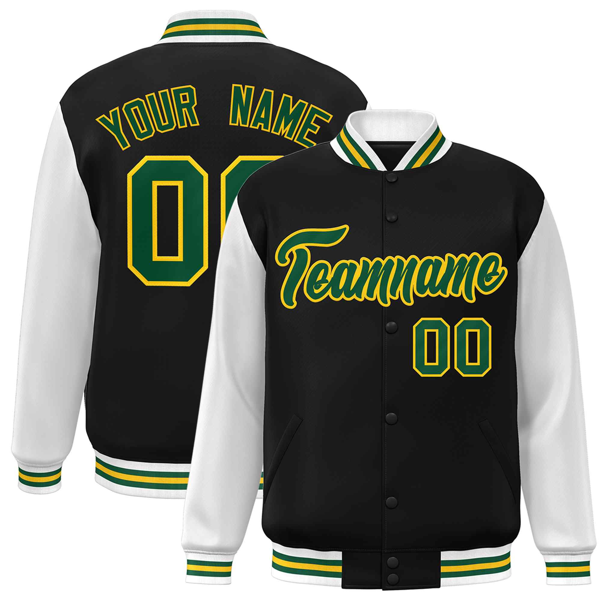 Custom Black Green-Gold Raglan Sleeves Varsity Full-Snap Letterman Jacket