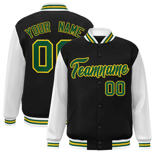 Veste Letterman Varsity Full-Snap à manches raglan personnalisées noir vert-or