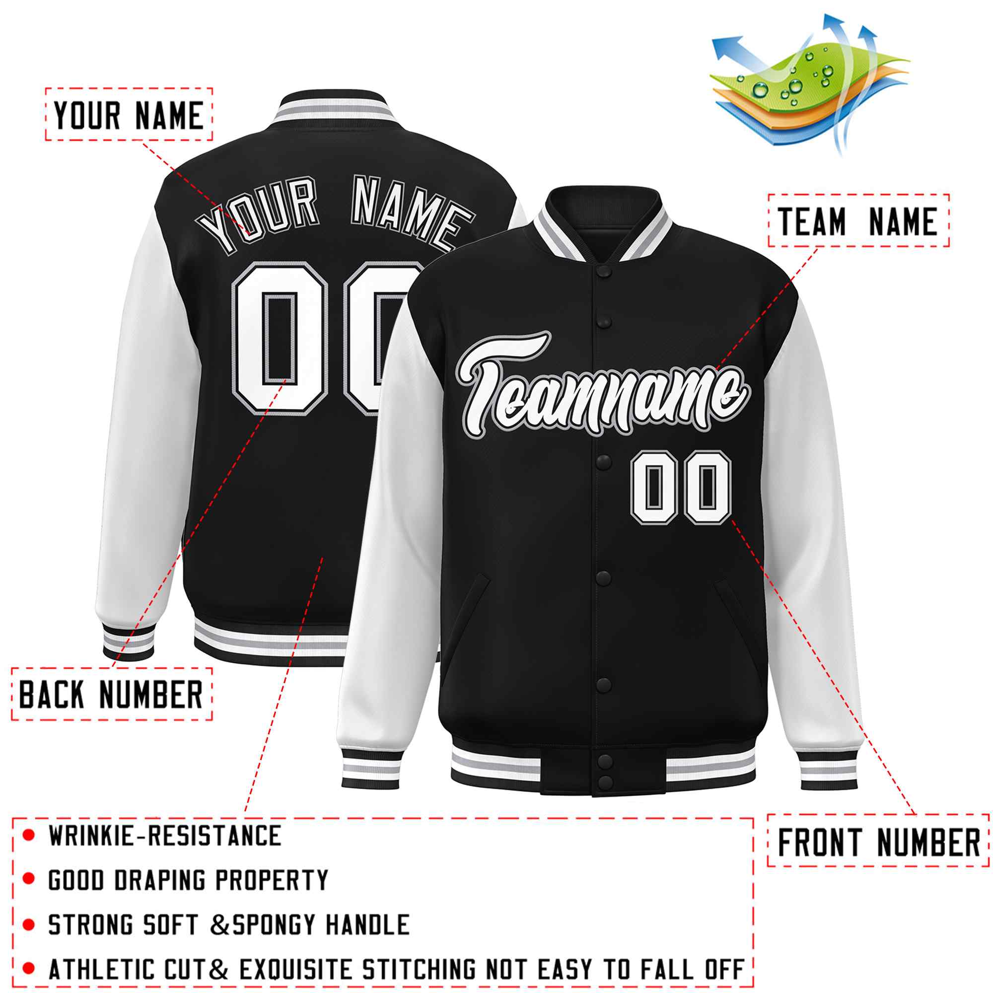 Custom Black White-Black Raglan Sleeves Varsity Full-Snap Letterman Jacket