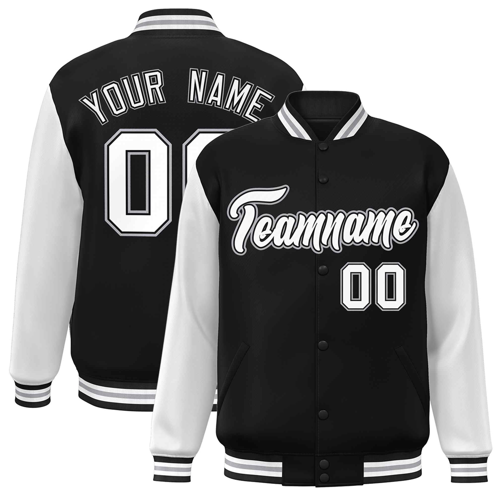 Custom Black White-Black Raglan Sleeves Varsity Full-Snap Letterman Jacket