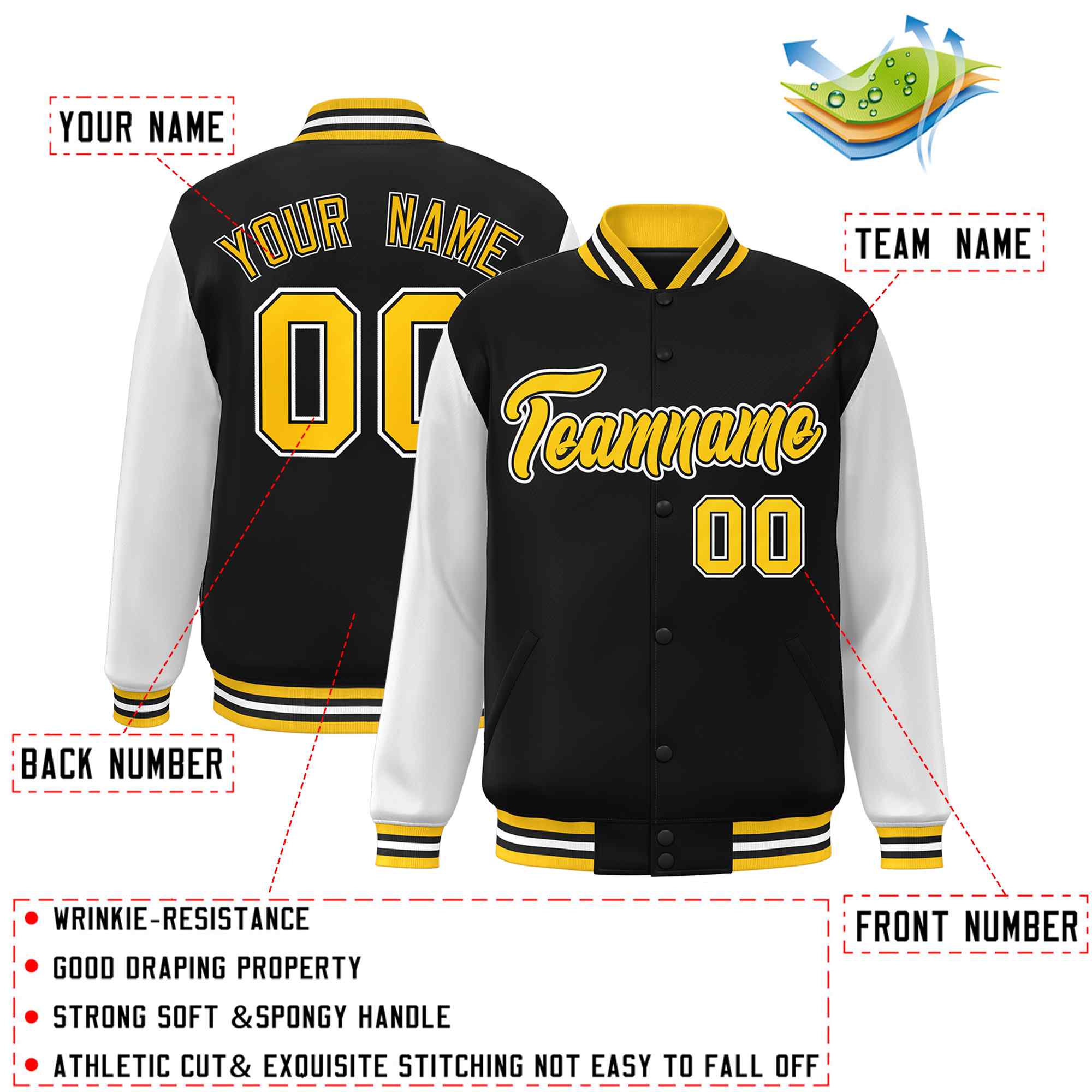 Custom Black Gold-Black Raglan Sleeves Varsity Full-Snap Letterman Jacket