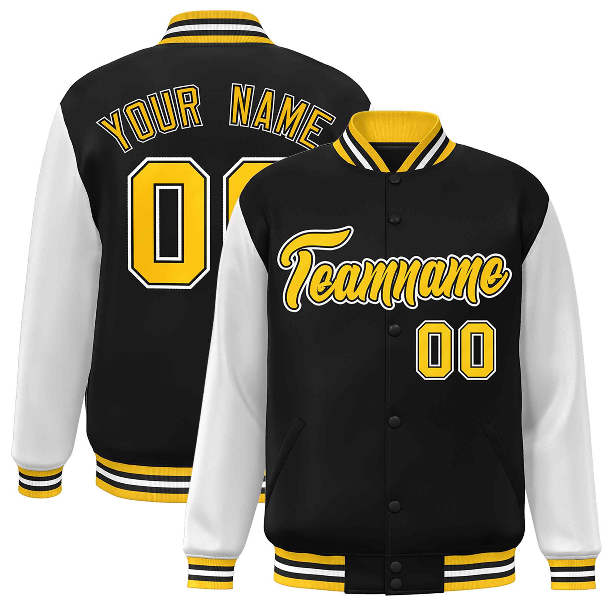 Custom Black Gold-Black Raglan Sleeves Varsity Full-Snap Letterman Jacket