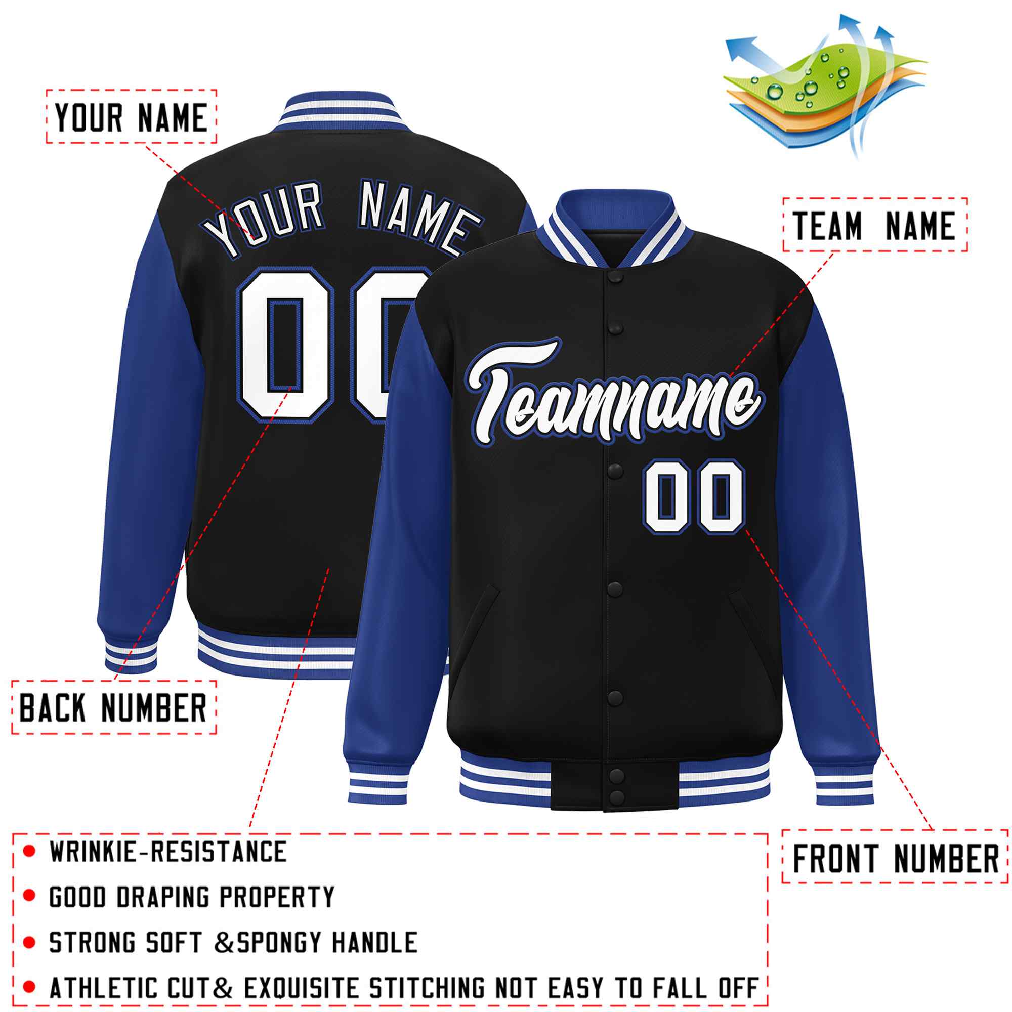 Custom Black White-Black Raglan Sleeves Varsity Full-Snap Letterman Jacket