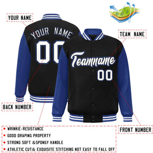 Veste Letterman Varsity Full-Snap à manches raglan personnalisées noir blanc-noir