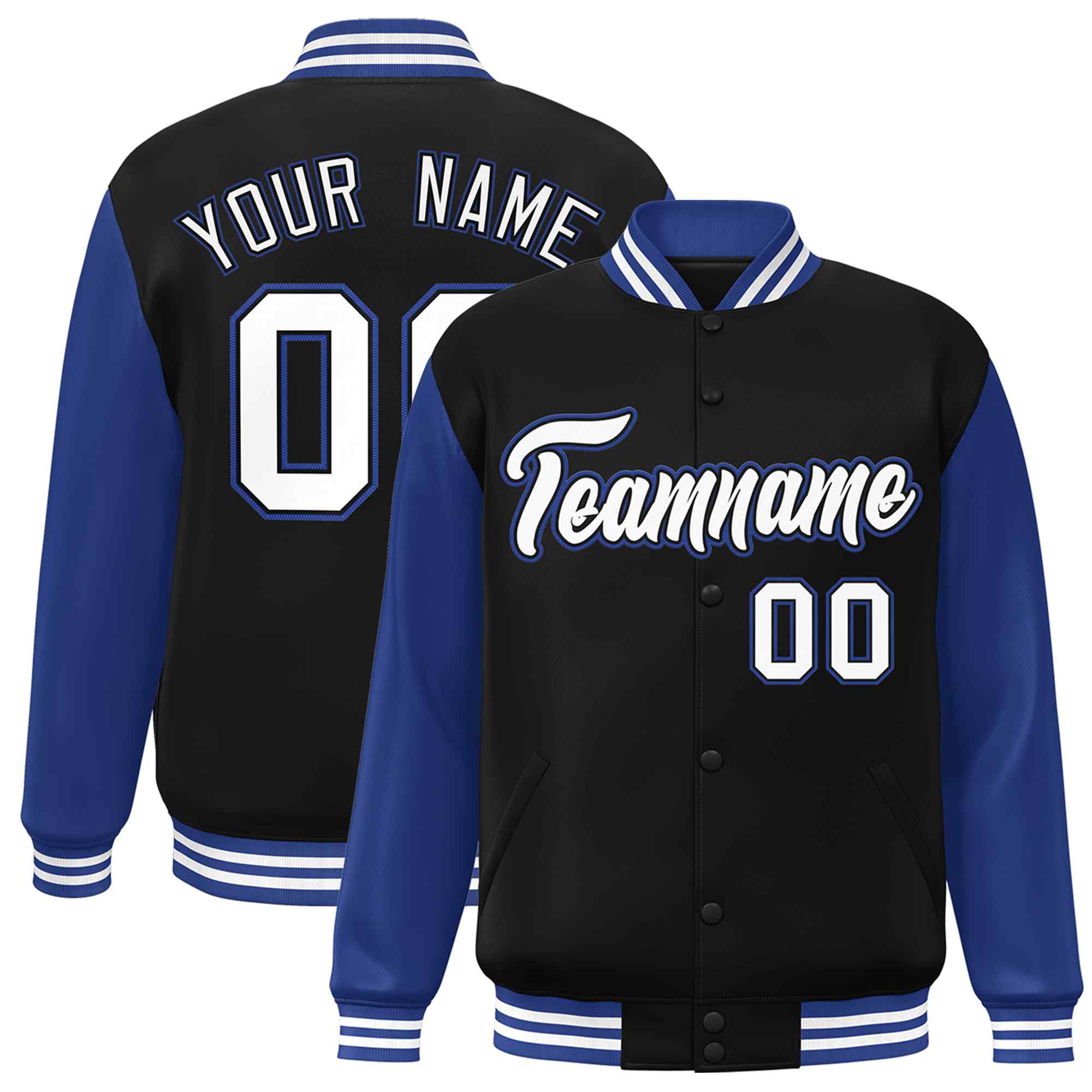 Custom Black White-Black Raglan Sleeves Varsity Full-Snap Letterman Jacket