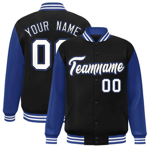 Veste Letterman Varsity Full-Snap à manches raglan personnalisées noir blanc-noir