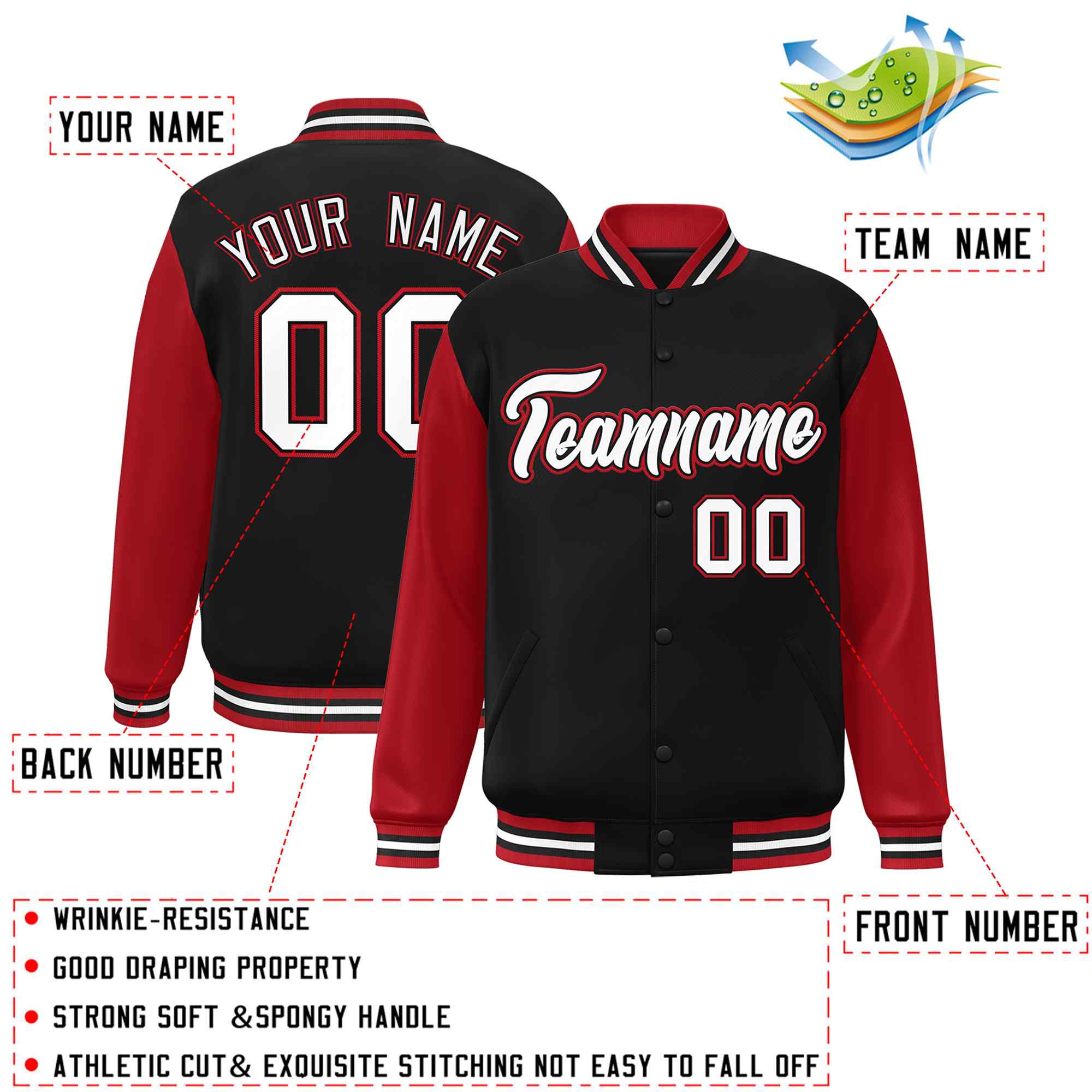 Custom Black White-Black Raglan Sleeves Varsity Full-Snap Letterman Jacket