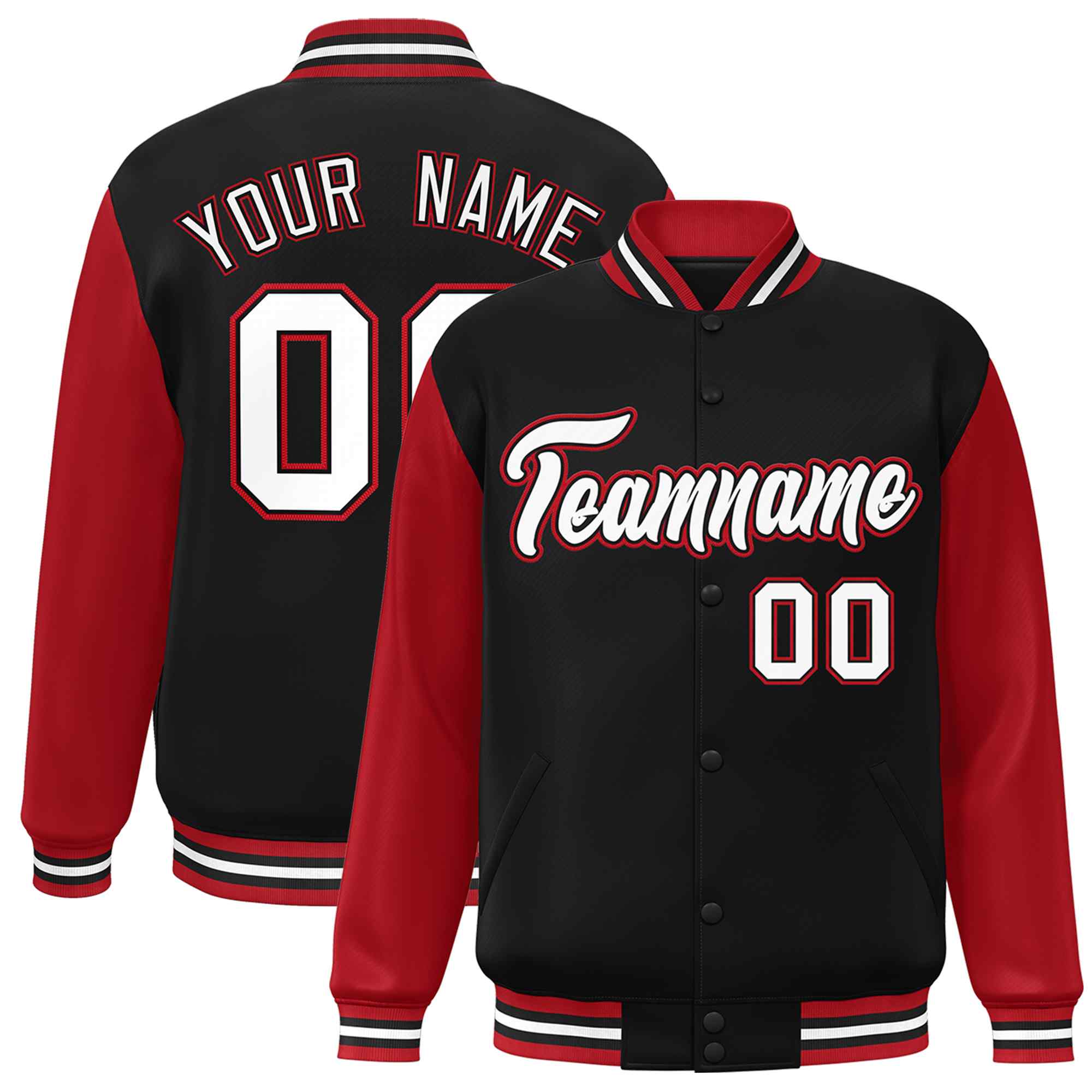 Custom Black White-Black Raglan Sleeves Varsity Full-Snap Letterman Jacket