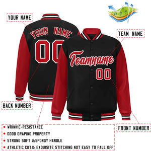 Veste Letterman Varsity Full-Snap à manches raglan personnalisées noir rouge-blanc