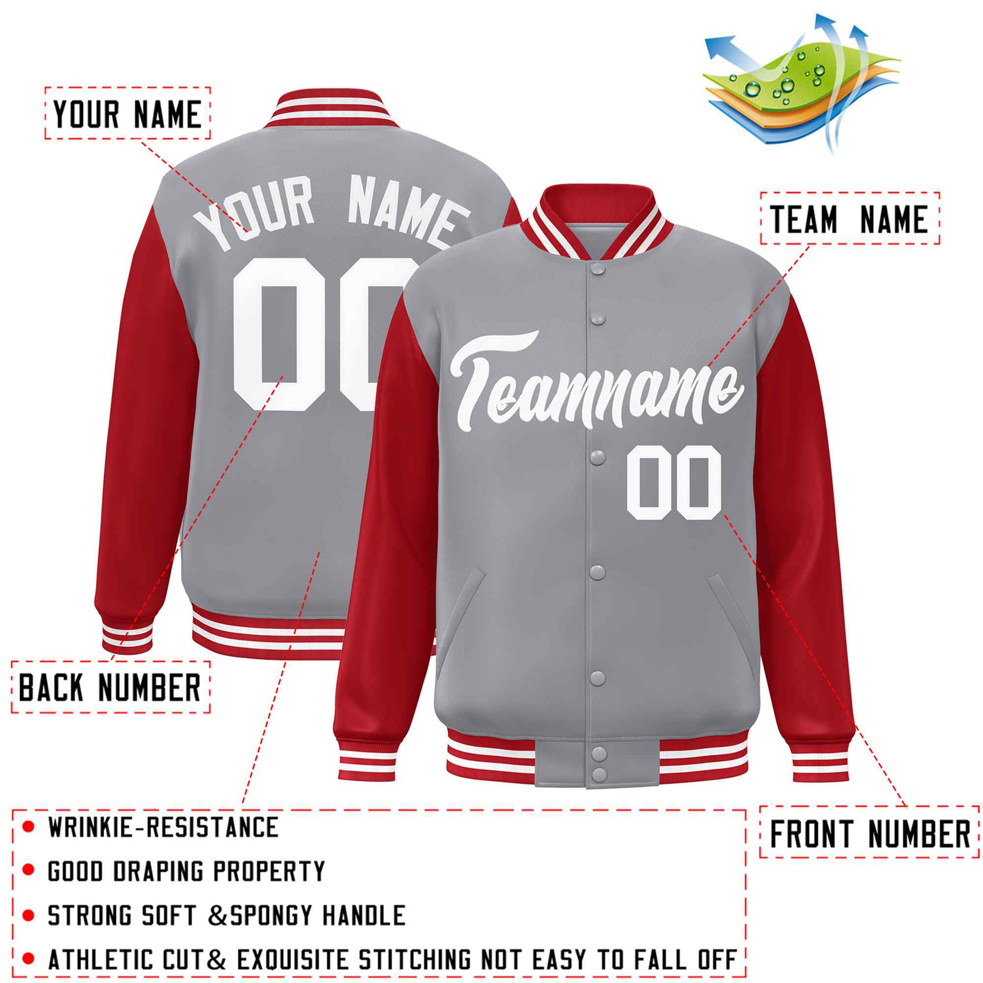 Veste Letterman Varsity Full-Snap à manches raglan blanches et grises personnalisées