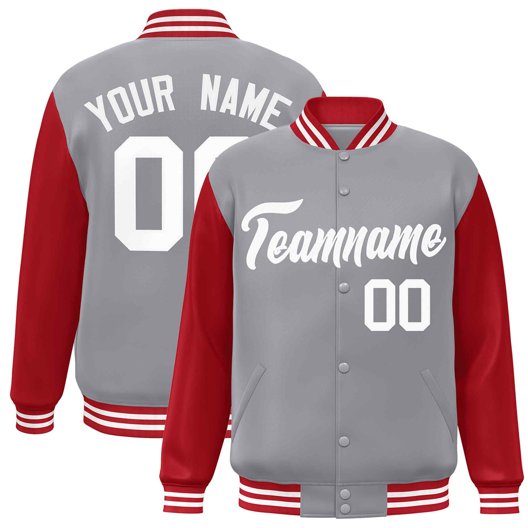 Veste Letterman Varsity Full-Snap à manches raglan blanches et grises personnalisées