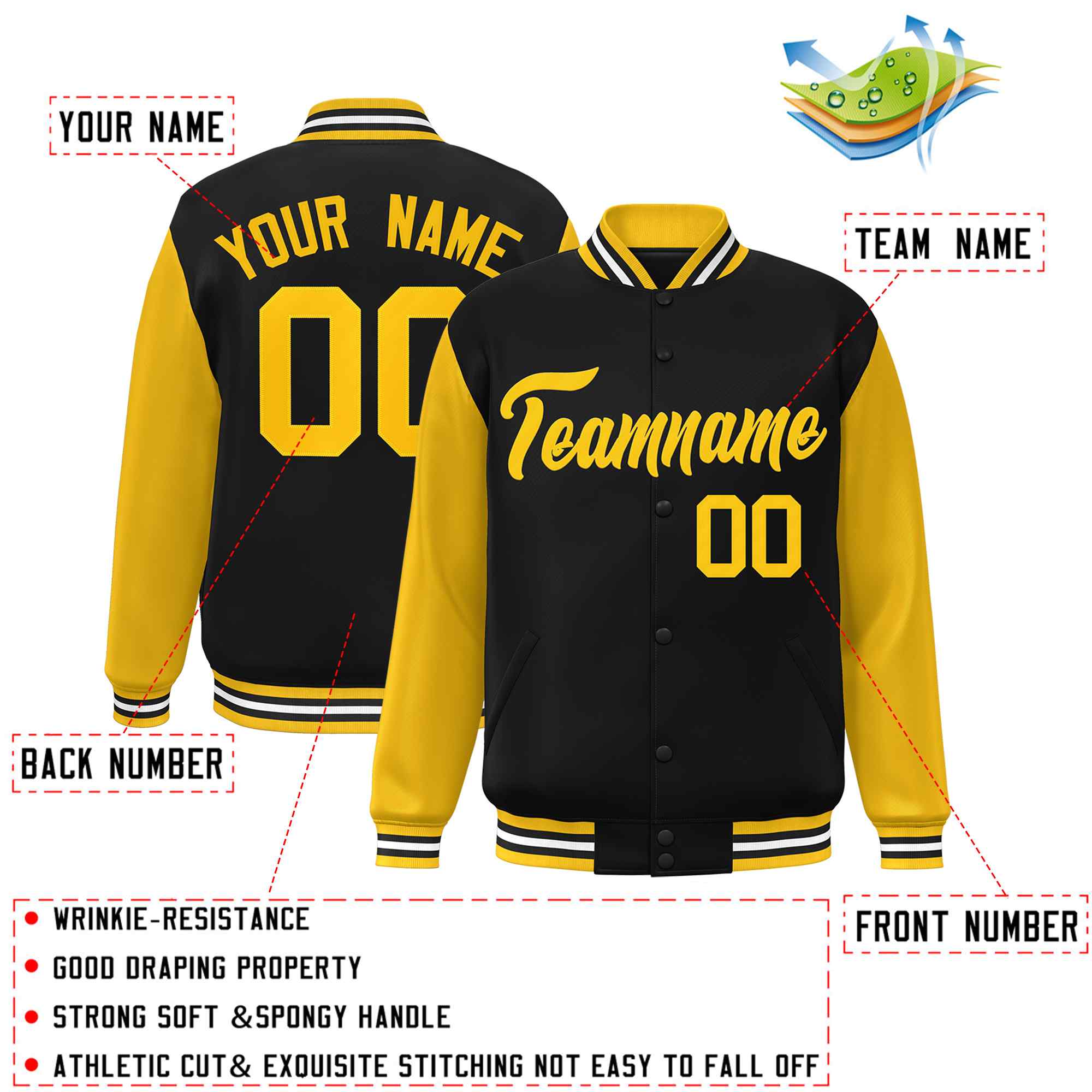 Custom Black Gold Raglan Sleeves Varsity Full-Snap Letterman Jacket