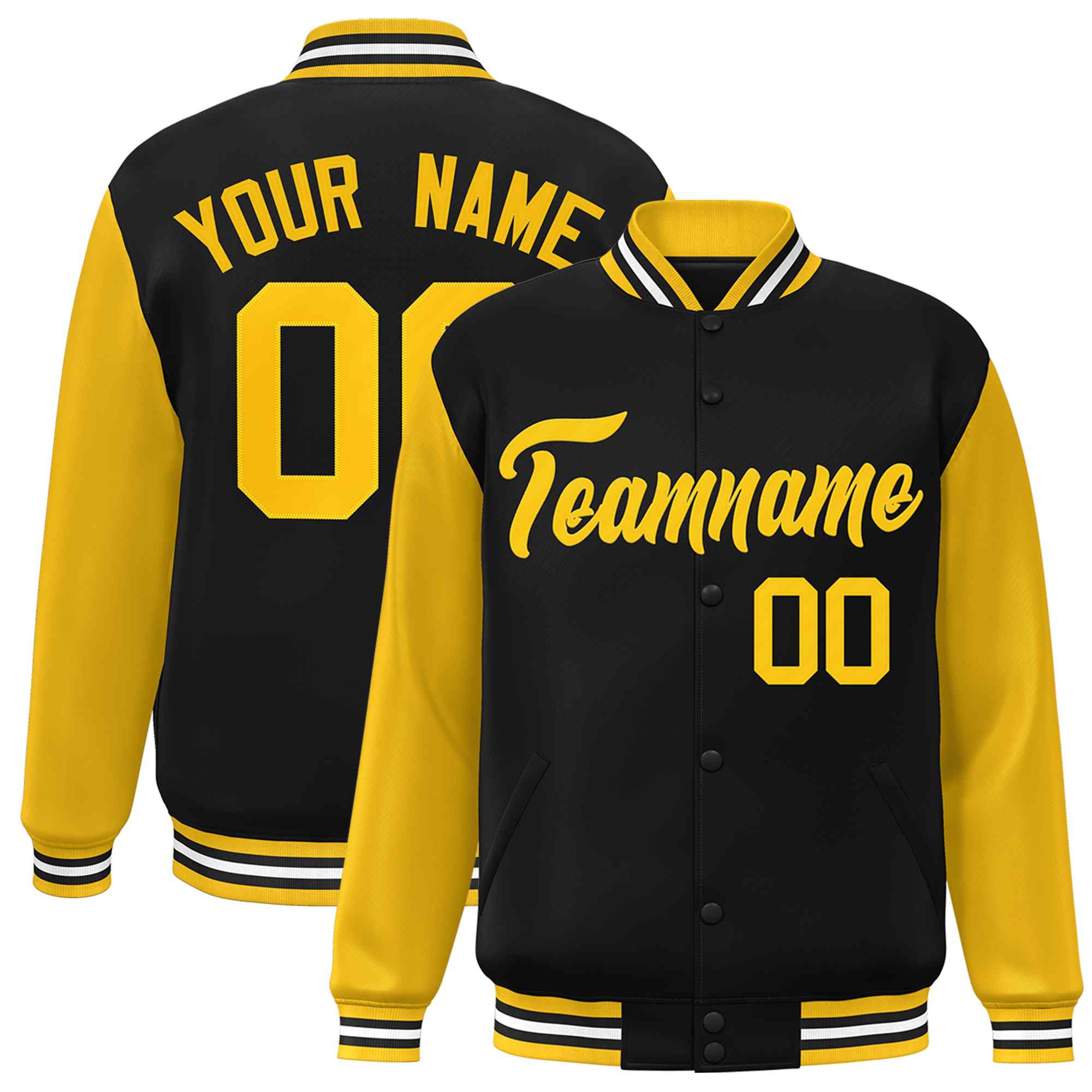 Custom Black Gold Raglan Sleeves Varsity Full-Snap Letterman Jacket