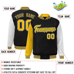 Custom Black Gold-Black Raglan Sleeves Varsity Full-Snap Letterman Jacket