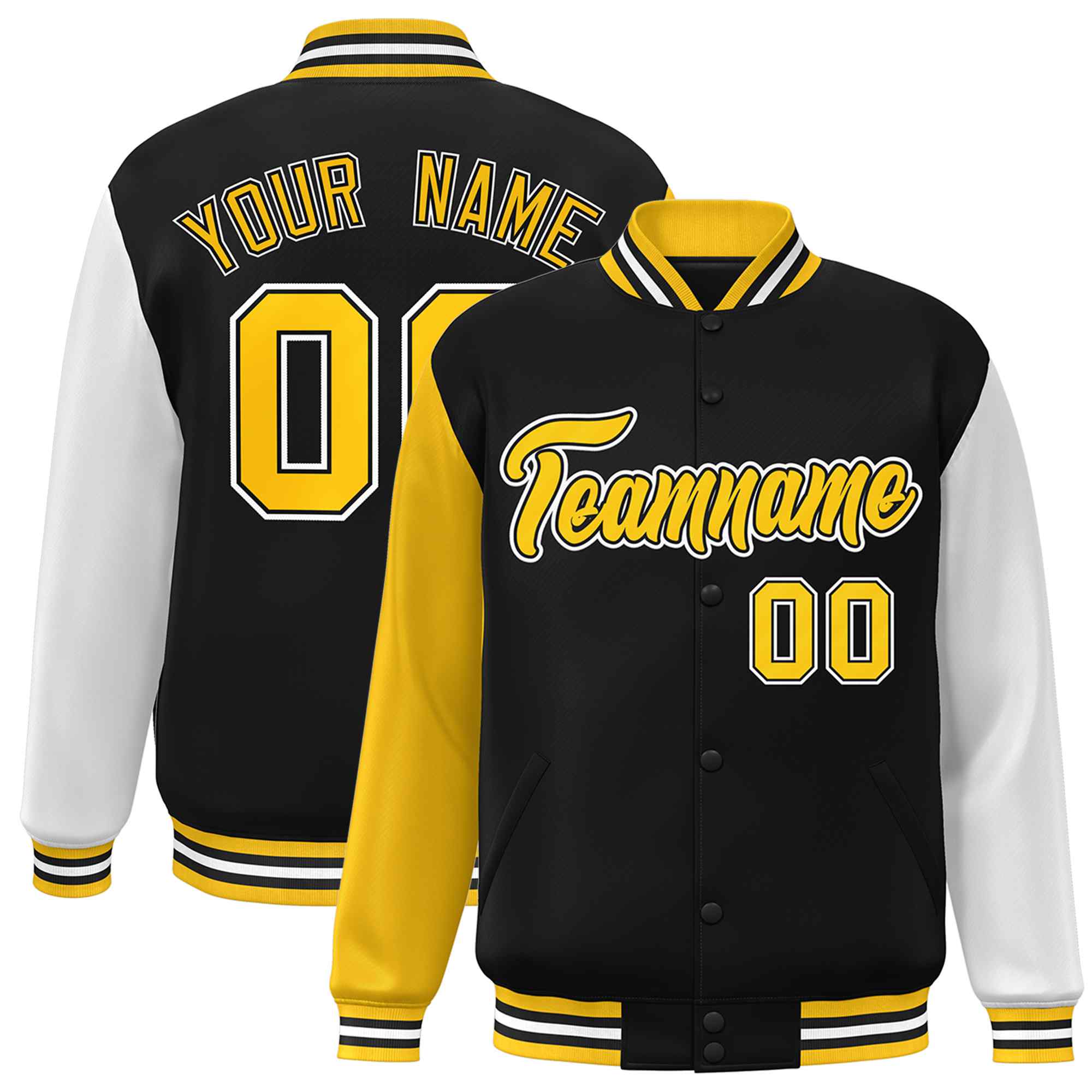 Veste Letterman Varsity Full-Snap à manches raglan personnalisées noir or-noir