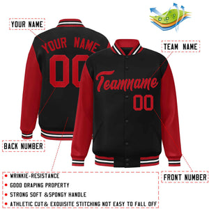 Custom Black Red Raglan Sleeves Varsity Full-Snap Letterman Jacket