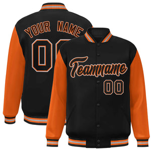 Veste Letterman Varsity Full-Snap à manches raglan noires et orange personnalisées