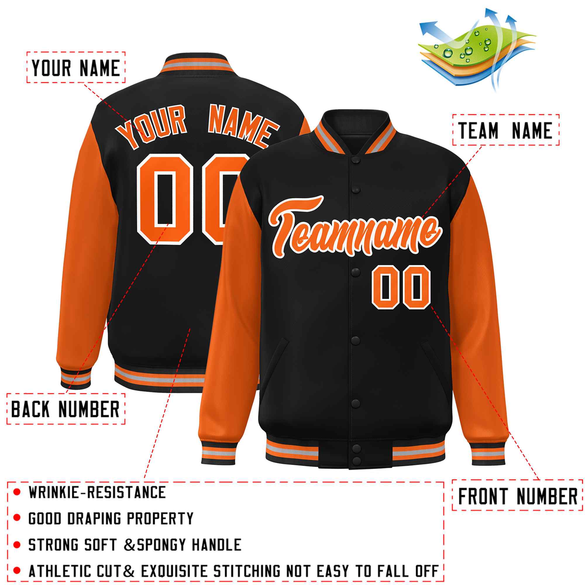 Custom Black Orange-White Raglan Sleeves Varsity Full-Snap Letterman Jacket