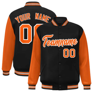 Veste Letterman Varsity Full-Snap personnalisée à manches raglan noir orange-blanc