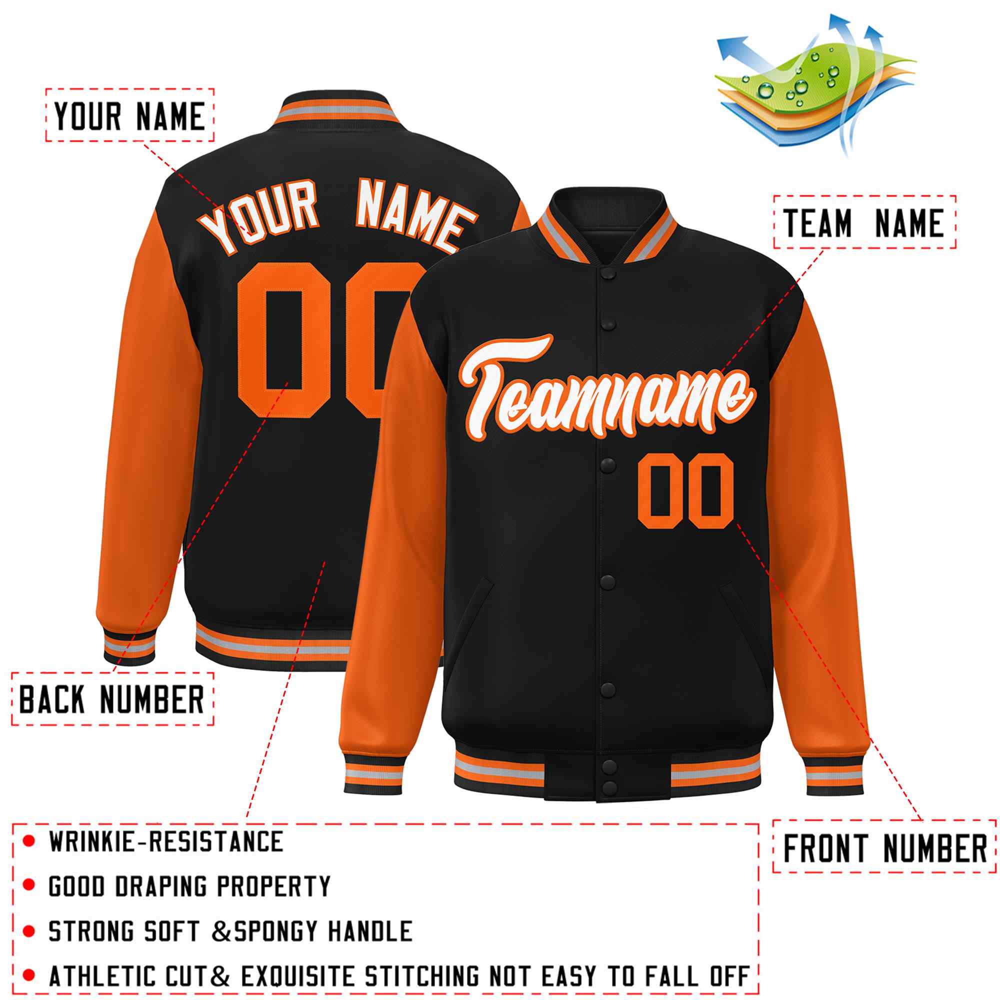 Veste Letterman Varsity Full-Snap à manches raglan personnalisées noir blanc-orange