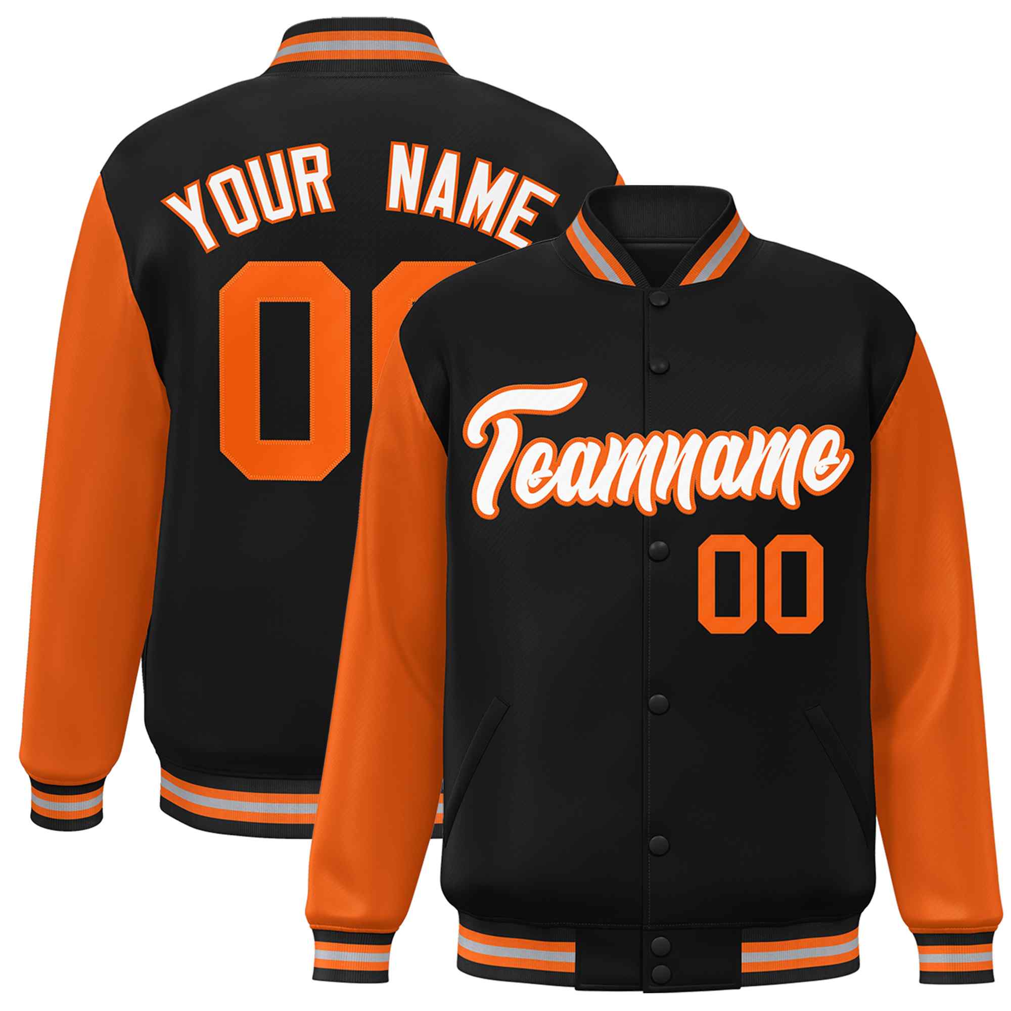 Veste Letterman Varsity Full-Snap à manches raglan personnalisées noir blanc-orange