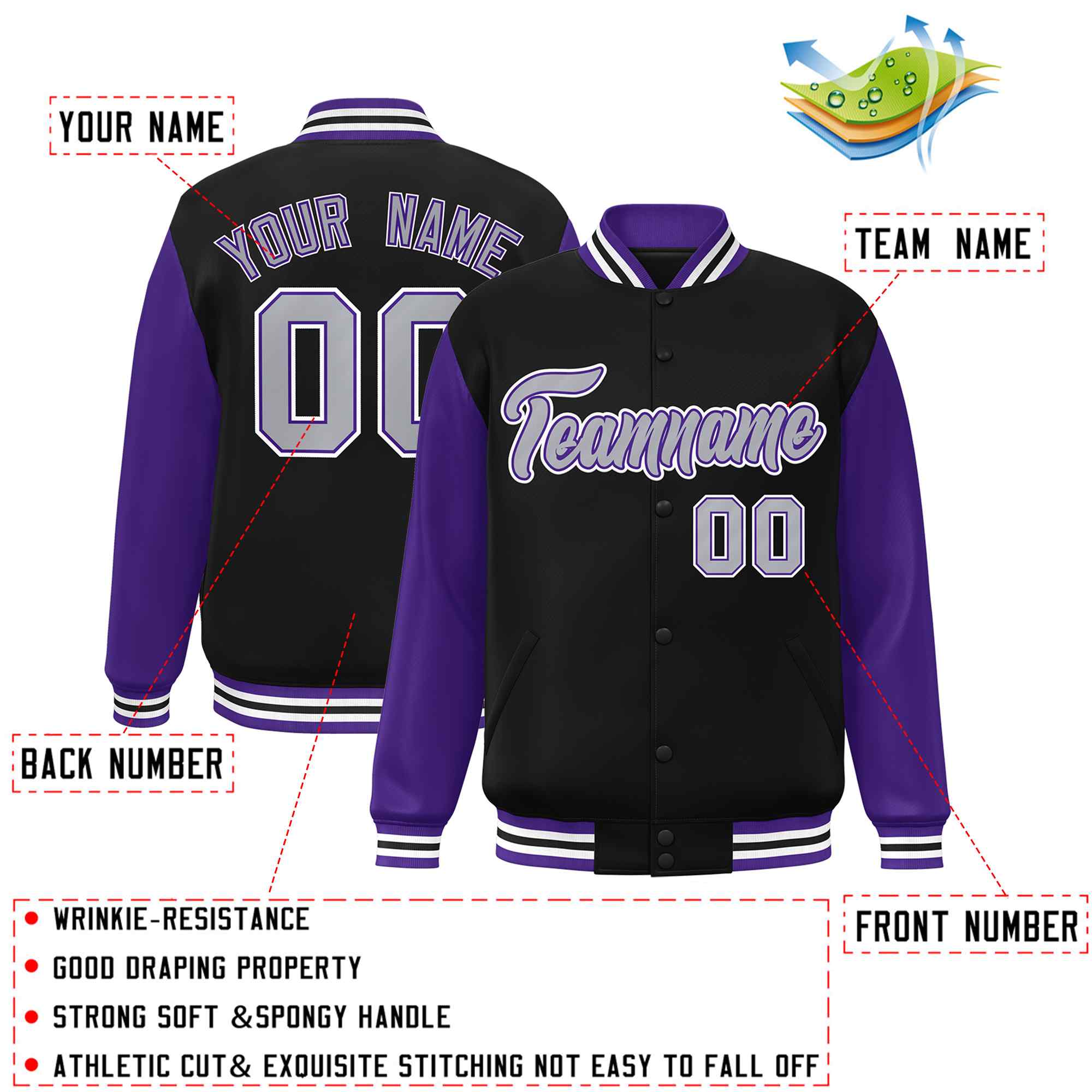 Veste Letterman Varsity Full-Snap personnalisée à manches raglan noir gris-violet