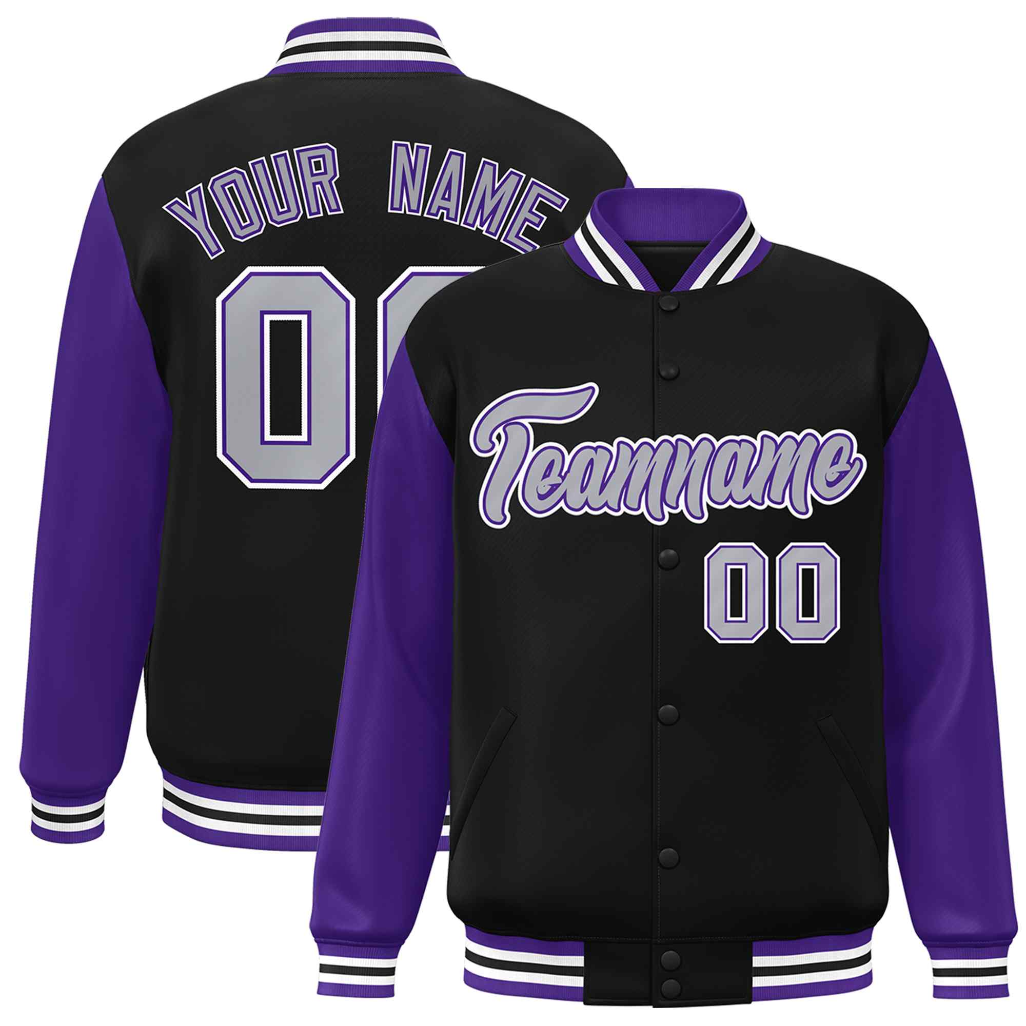 Veste Letterman Varsity Full-Snap personnalisée à manches raglan noir gris-violet