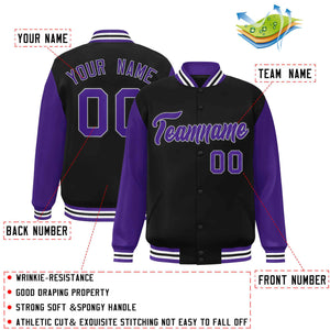 Veste Letterman Varsity Full-Snap à manches raglan personnalisées noir violet-blanc