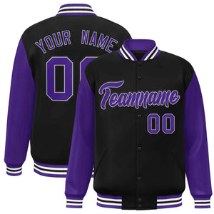 Veste Letterman Varsity Full-Snap à manches raglan personnalisées noir violet-blanc