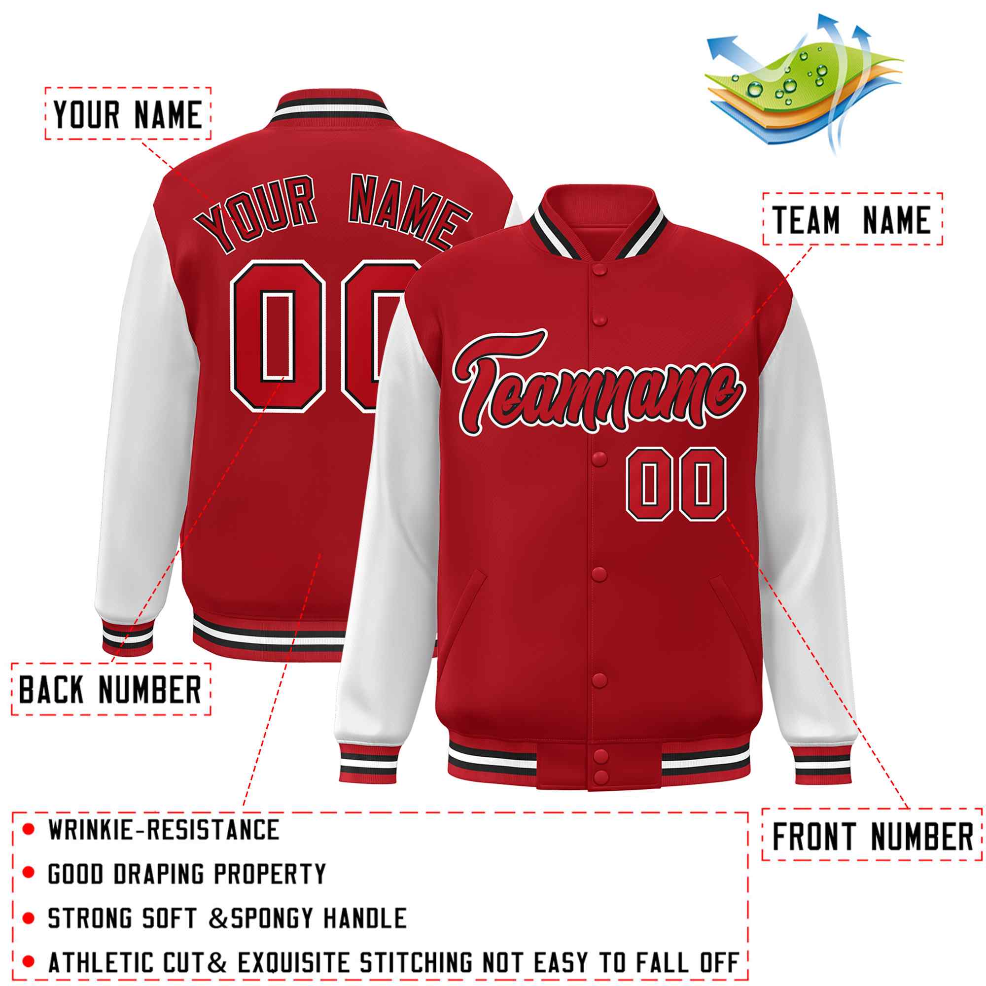 Custom Red Red-Black Raglan Sleeves Varsity Full-Snap Letterman Jacket