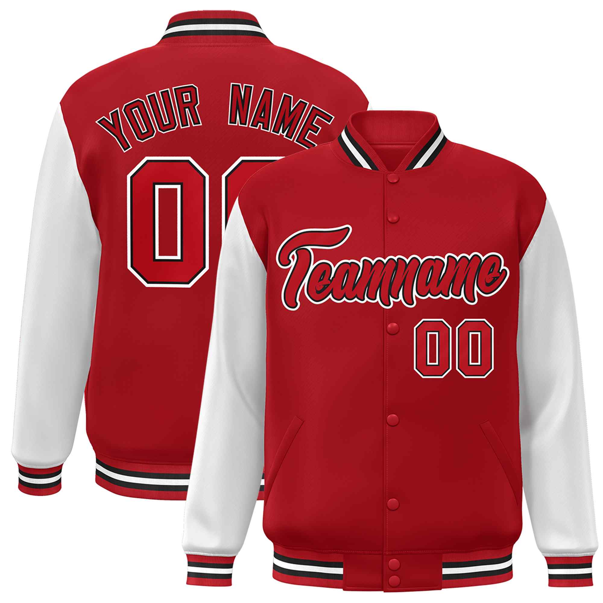 Custom Red Red-Black Raglan Sleeves Varsity Full-Snap Letterman Jacket