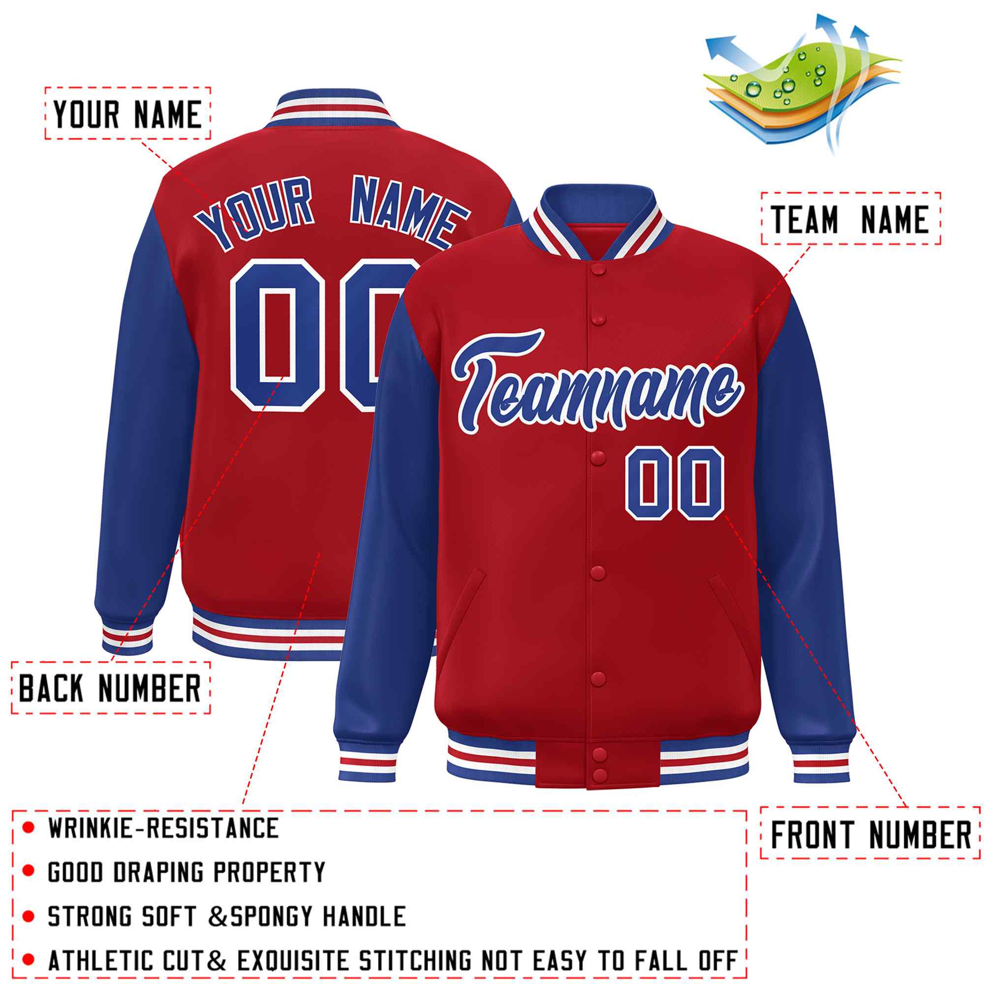 Veste Letterman Varsity Full-Snap à manches raglan rouge royal-blanc personnalisée