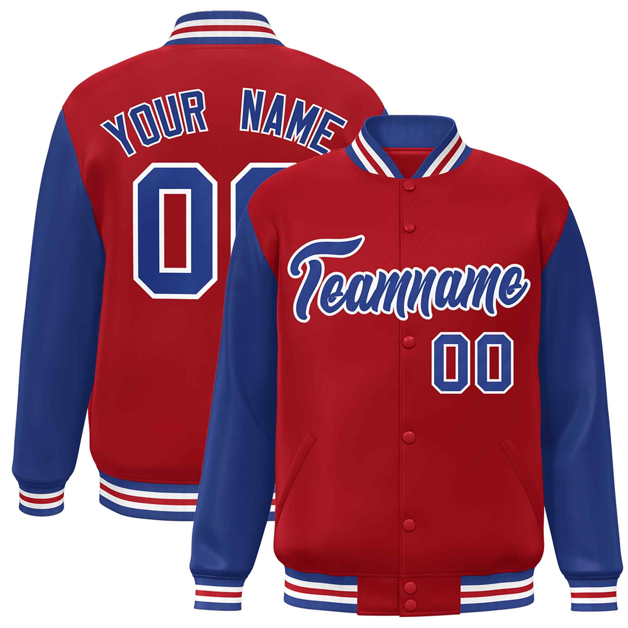 Veste Letterman Varsity Full-Snap à manches raglan rouge royal-blanc personnalisée