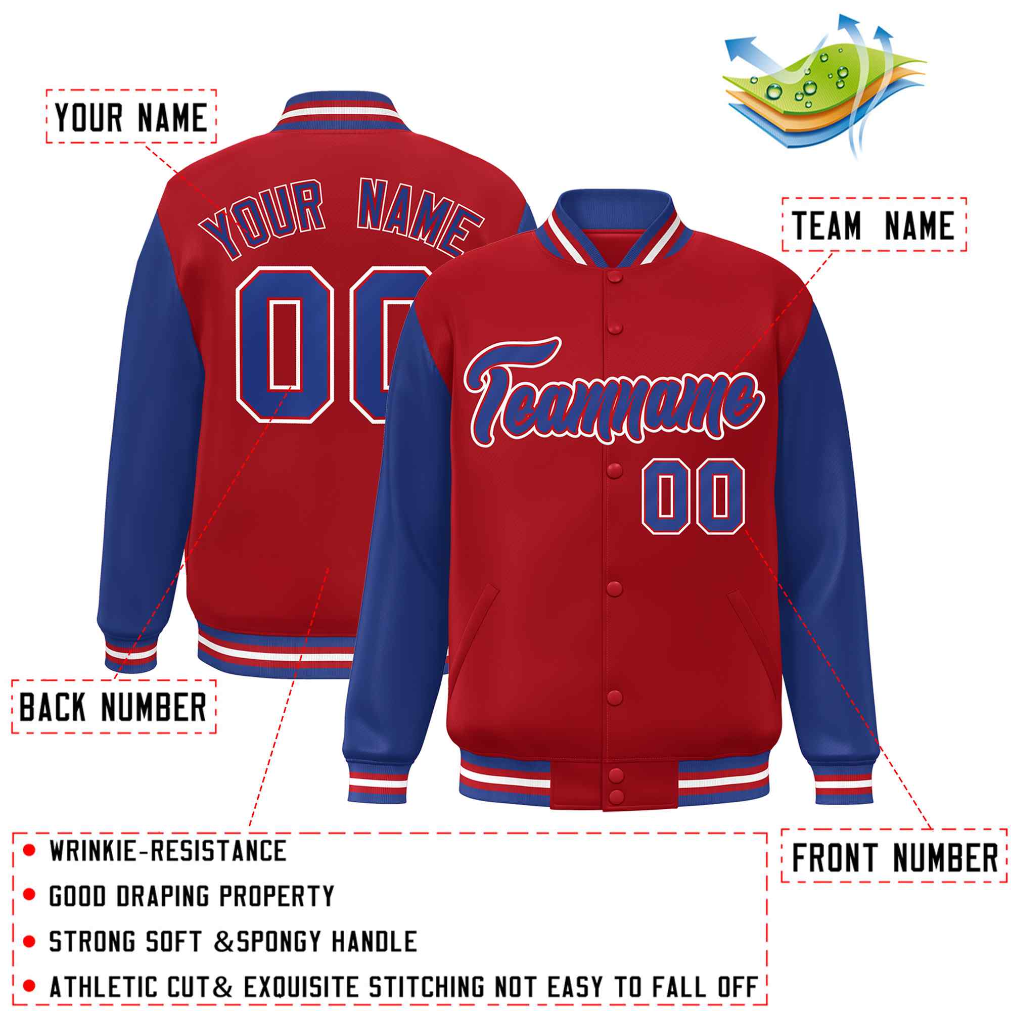 Custom Red Royal-Red Raglan Sleeves Varsity Full-Snap Letterman Jacket