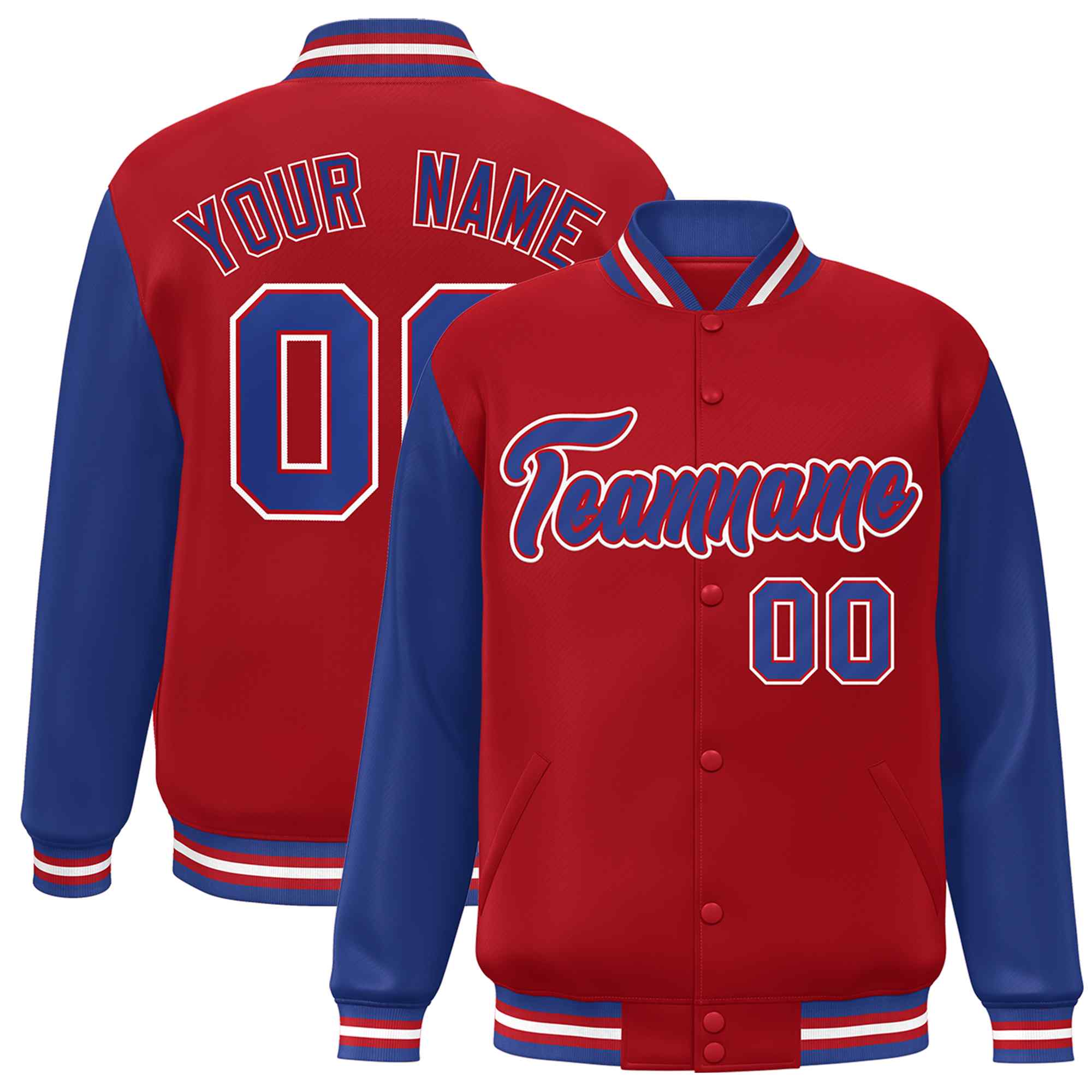 Custom Red Royal-Red Raglan Sleeves Varsity Full-Snap Letterman Jacket