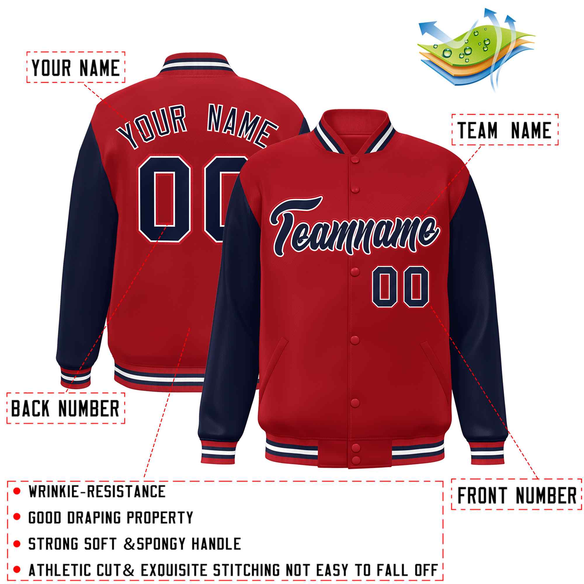 Custom Red Navy-White Raglan Sleeves Varsity Full-Snap Letterman Jacket