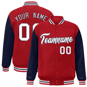 Custom Red White-Navy Raglan Sleeves Varsity Full-Snap Letterman Jacket