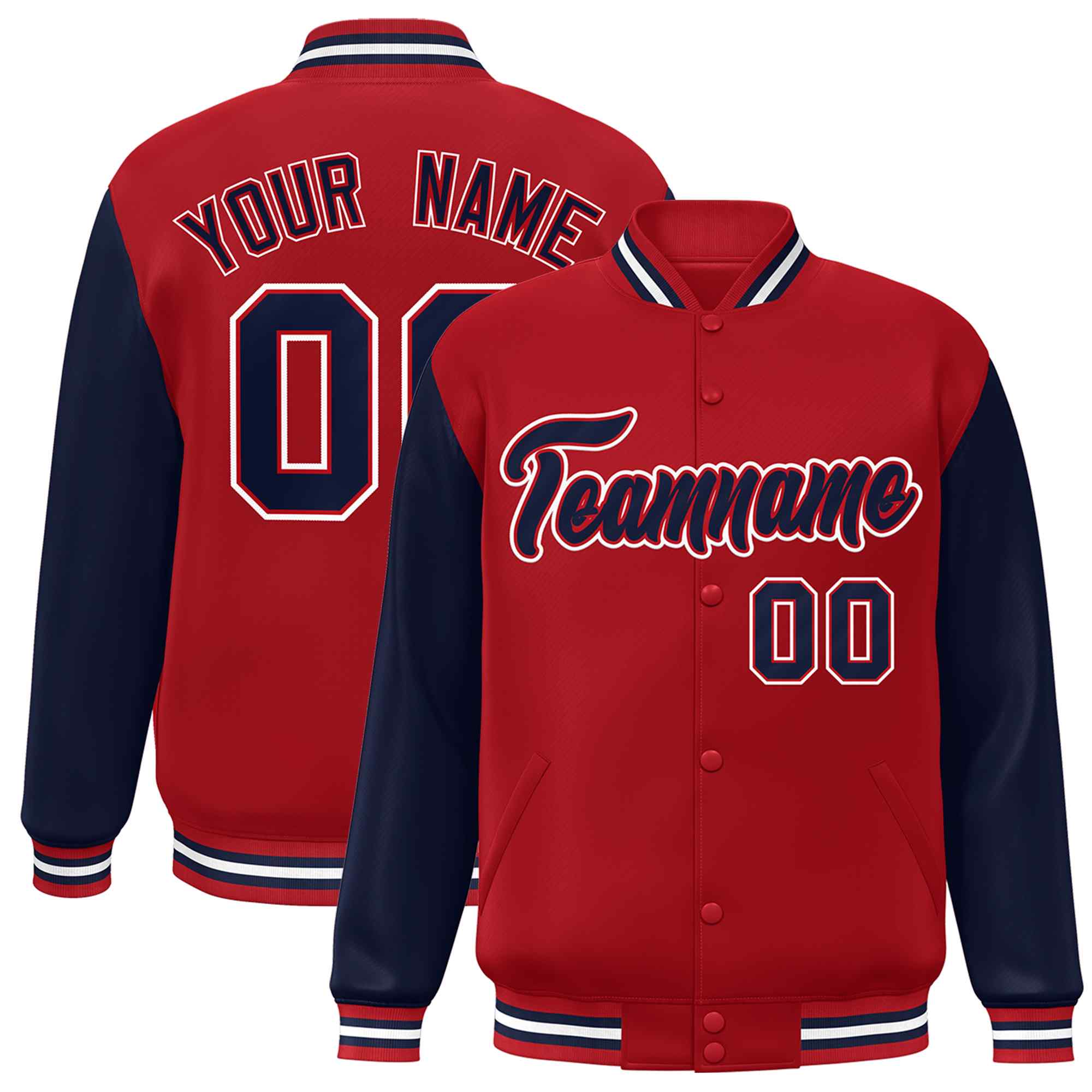 Veste Letterman Varsity Full-Snap à manches raglan rouge marine personnalisée