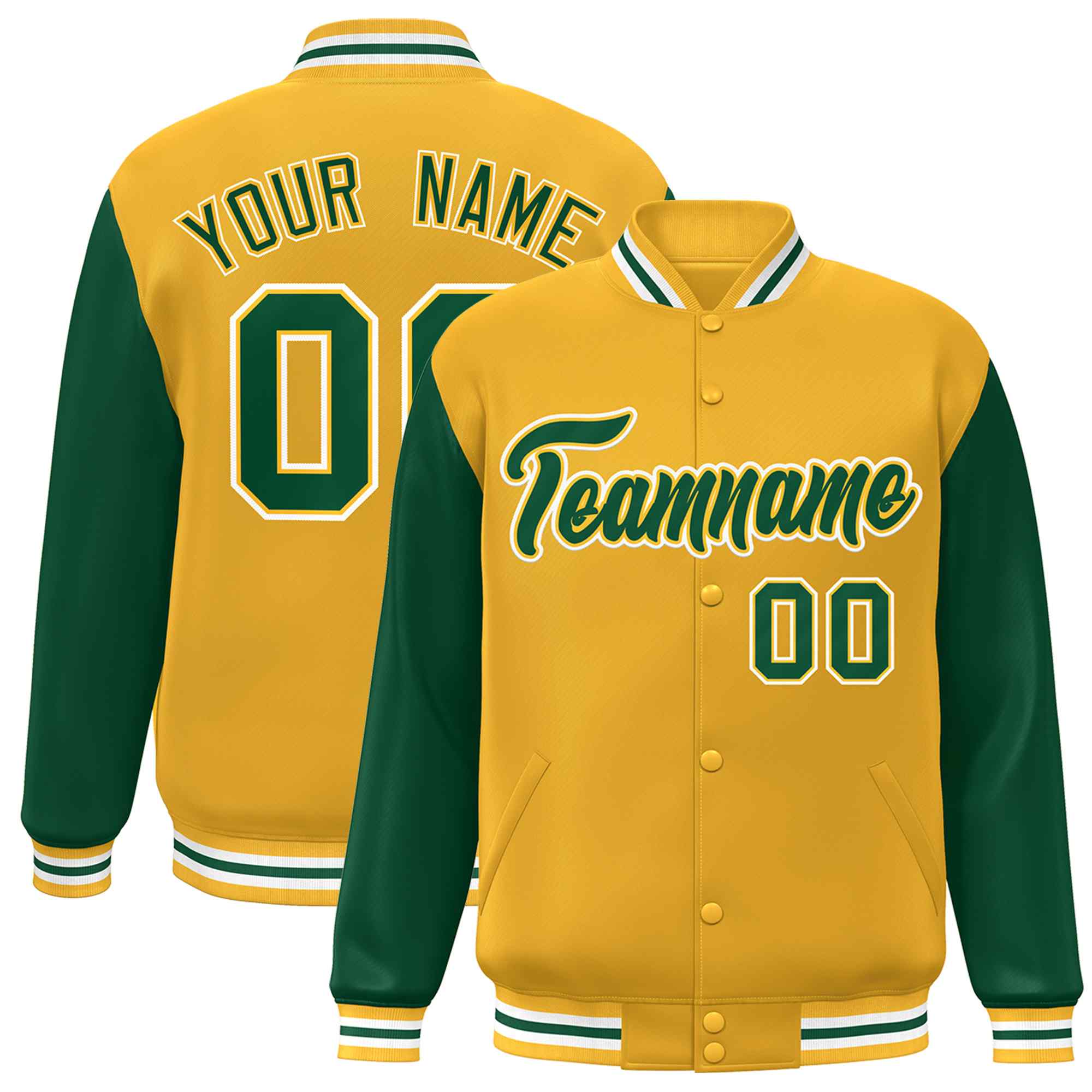 Custom Gold Green-Gold Raglan Sleeves Varsity Full-Snap Letterman Jacket