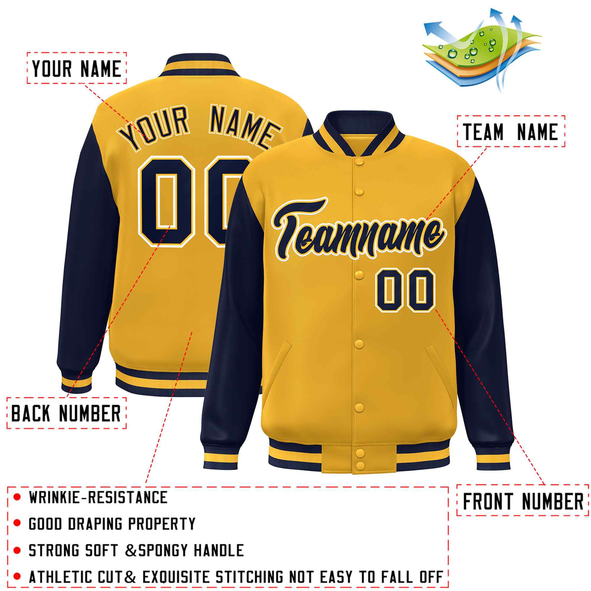 Custom Gold Navy-Gold Raglan Sleeves Varsity Full-Snap Letterman Jacket