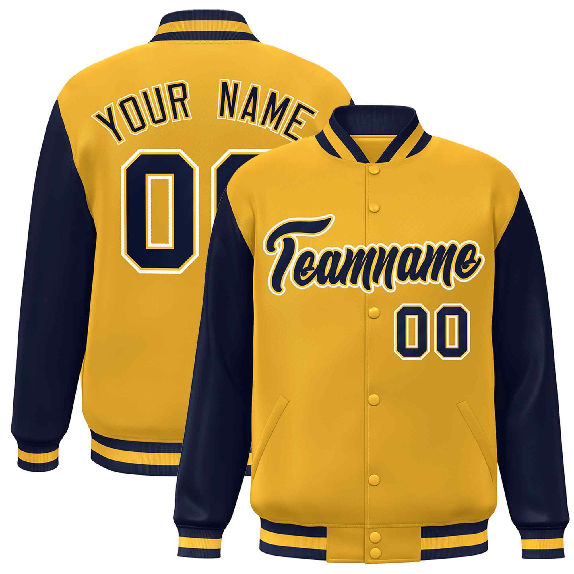 Custom Gold Navy-Gold Raglan Sleeves Varsity Full-Snap Letterman Jacket